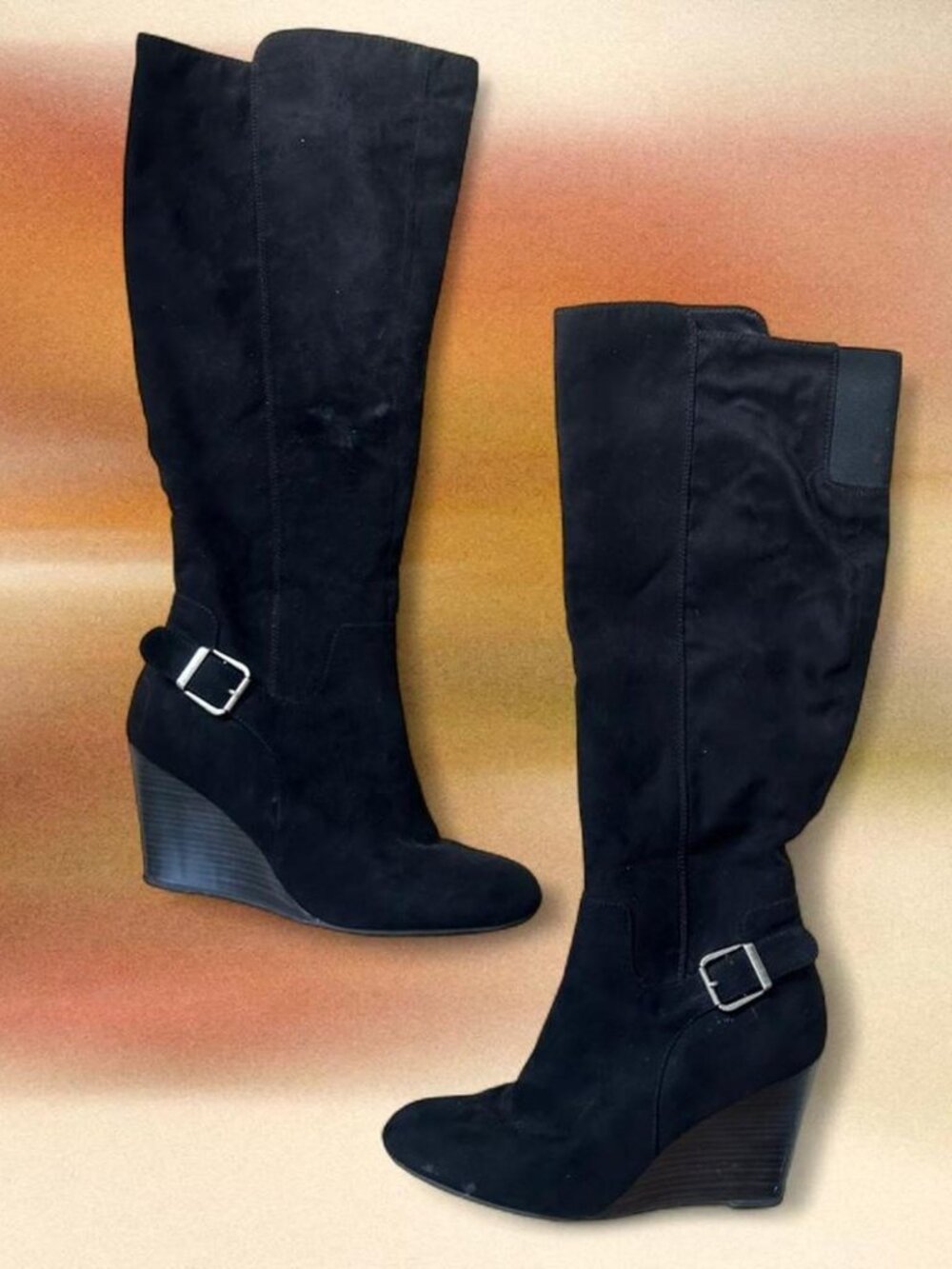 Y2K Black Faux Suede Silver Buckle Hardware Wedge Boots ⭐️ Indie Sleaze / Moto
